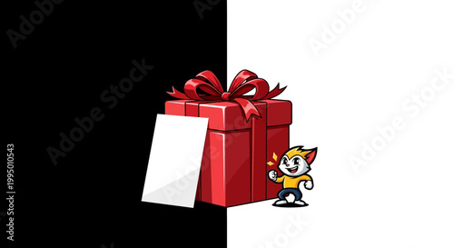 A cartoon character stands beside a gift.