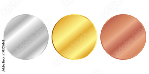 Award golden, silver and bronze blank medals 3d vector realistic illustration. First, second and third place medals or buttons isolated on white background. Quality blank, empty badge, emblem set.