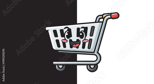 Shopping cart icon on black background.