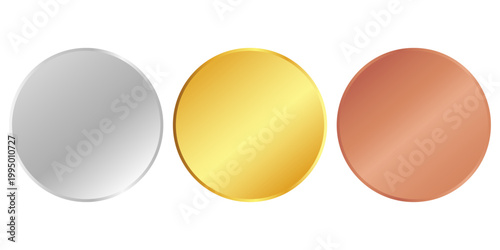 Award golden, silver and bronze blank medals 3d vector realistic illustration. First, second and third place medals or buttons isolated on white background. Quality blank, empty badge, emblem set.