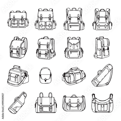 Collection of Hand Drawn Backpacks and Bags for Outdoor Adventures