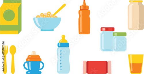 Baby feeding items and food set with cereal bowl, bottle, utensils, jars and snacks in clean flat cartoon vector illustration style