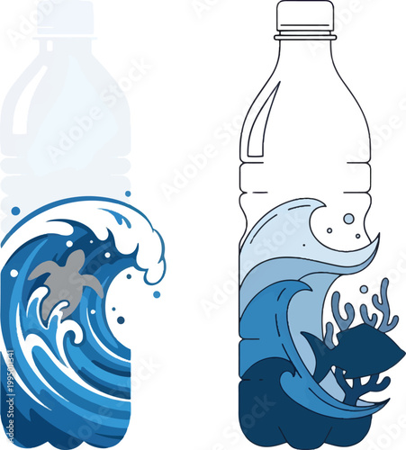 Ocean plastic pollution vector illustration, sea life trapped in plastic water bottles, environmental conservation concept for marine protection