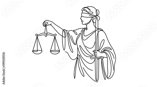 Continuous one line drawing of Themis lady justice with scales and sword.