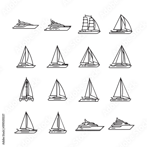 Collection of hand-drawn yachts and sailboats on a white background simple line art