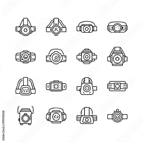 Collection of Headlamp and Spotlight Icons in Minimalist Outline Style