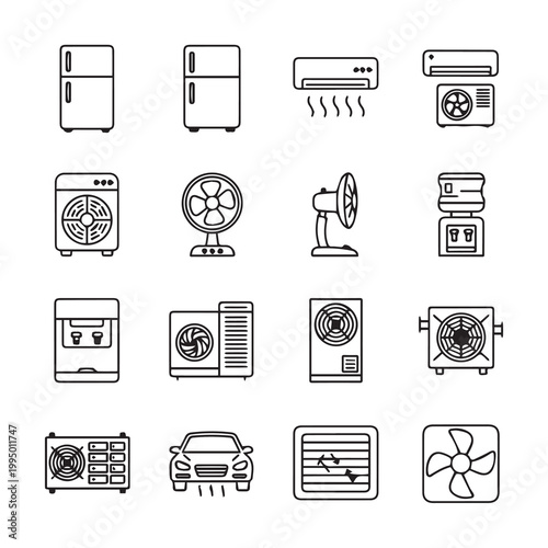 Collection of home and office climate control appliances and ventilation symbols