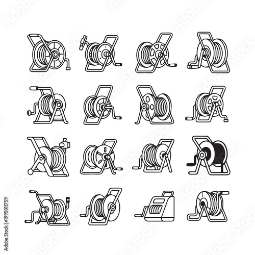 Collection of Hose Reels in a Clean Line Art Style for Industrial and Gardening Applications