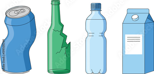 Beverage packaging set with crushed can, glass bottle, plastic bottle and milk carton in simple flat cartoon vector illustration style