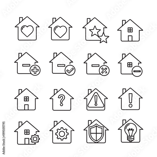Collection of house icons with various symbols inside representing different functions and status