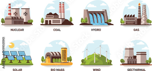 Global Energy Infrastructure Vector Set Featuring Renewable Solar Wind and Geothermal Power Plants with Nuclear and Fossil Fuel Systems for Sustainable Technology Designs