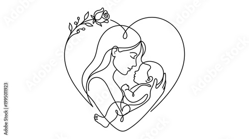 Continuous one line drawing of mother holding her newborn baby inside a heart shape with a rose flower.