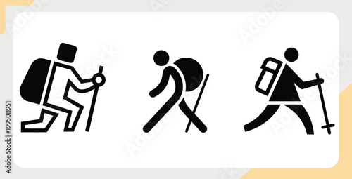 Hikers with backpacks and poles in various poses backpacks trekking outdoors