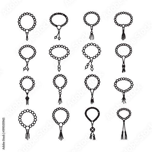 Collection of Islamic Prayer Beads with Tassels on White Background
