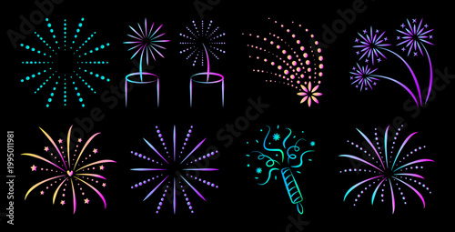 Neon fireworks icon set. Holographic glow sparklers and firecrackers gradient shiny line pictograms. Salute and sparkle ultra acid luminescent signs. Vector collection for dark themes