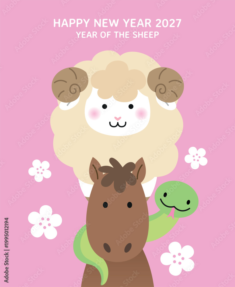 Obraz premium Cute zodiac sheep with zodiac horse and snake. Year of the Sheep 2027 celebration card template with cartoon animals from chinese zodiac.