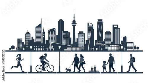 Black silhouette illustration of a man with a suitcase and people in the urban city featuring a skyscraper skyline and downtown building vector architecture  work life balance