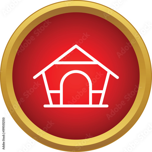 White doghouse outline icon on a red circle with a golden border