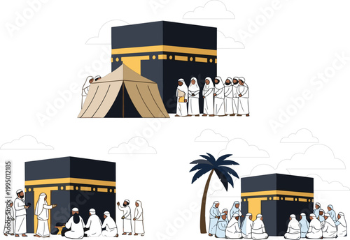Kaaba and Hajj pilgrimage vector illustration set with Muslim pilgrims praying in Mecca, Islamic religious rituals and holy site scenes isolated on white background