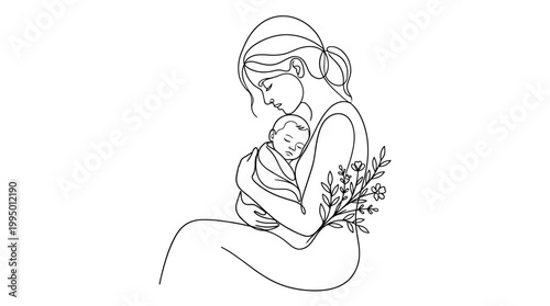 Continuous line drawing of a mother holding her newborn baby with floral elements.