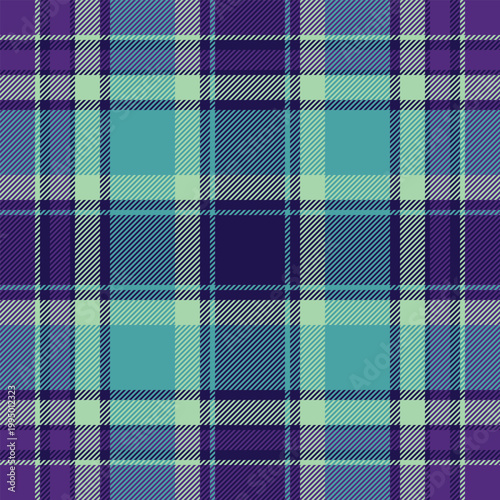 Hunter plaid background texture, neutral pattern textile fabric. Store tartan seamless check vector in violet and cyan colors.