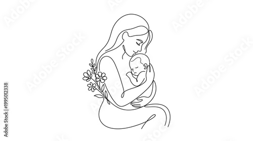 Minimalist continuous line art of a mother holding her baby with flowers.