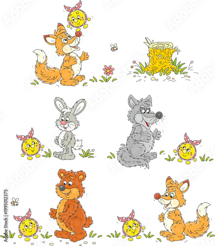 Fairytale characters with hare, freshly baked round loaf Kolobok, brown bear, grey wolf and sly red fox, a set of vector cartoon illustrations on a white background