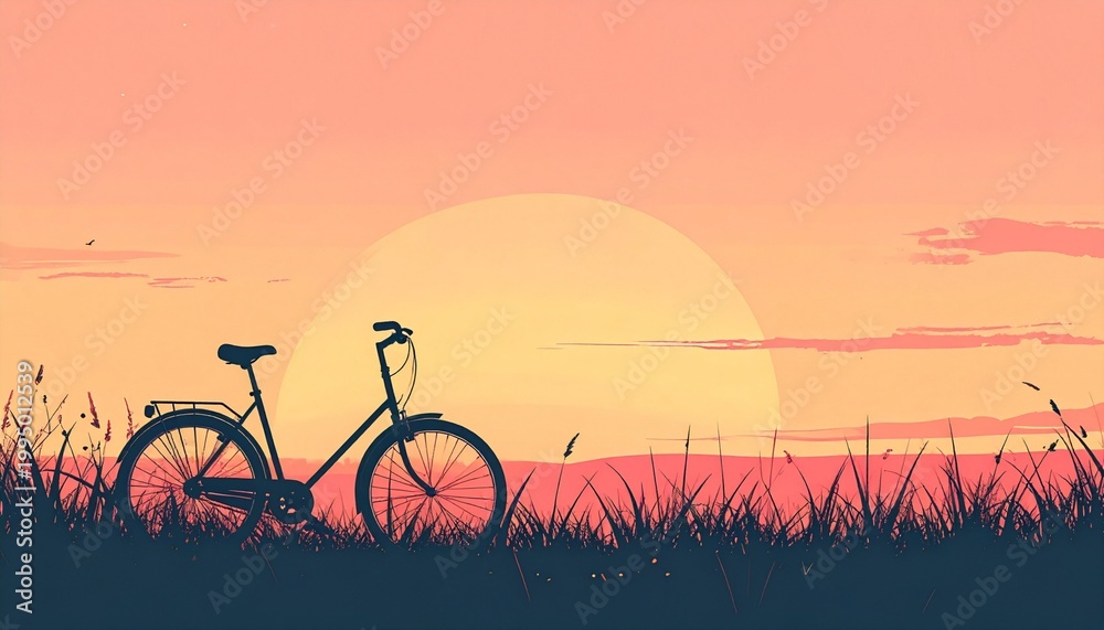 Fototapeta premium Serene bicycle silhouette against a vibrant orange and pink sunset sky with tall grass, evoking peaceful outdoor adventures and summer evenings
