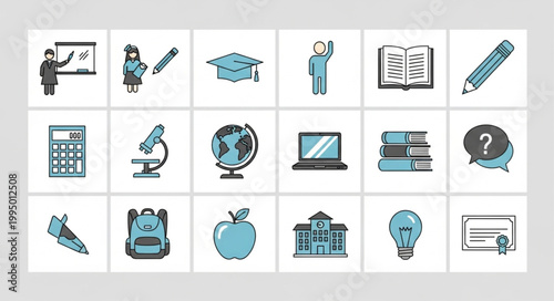 Collection of educational icons representing learning and school subjects.