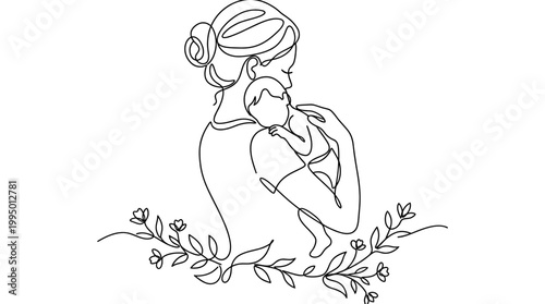 Continuous one line drawing of a mother holding her baby with floral elements.