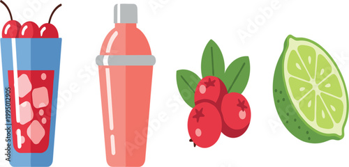 Fresh juice ingredients and drinks set with cherry beverage, smoothie bottle, berries and lime in clean flat cartoon vector illustration style