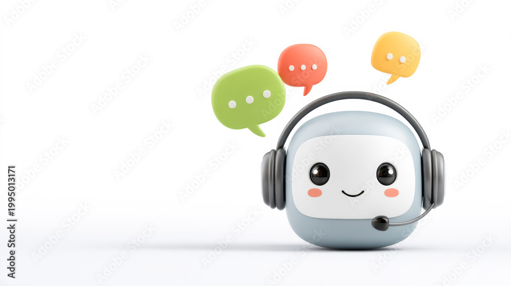 Fototapeta premium Cute robot assistant with headset and colorful speech bubbles