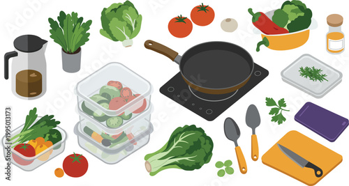 Colorful kitchen ingredients and cooking utensils arranged on a clean white background for healthy meal preparation and cooking