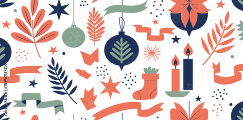 Vibrant christmas ornaments and decorations in orange blue and gray on white background festive holiday pattern