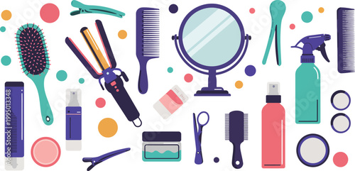 Colorful assortment of hair care and beauty tools on white background with colorful spots