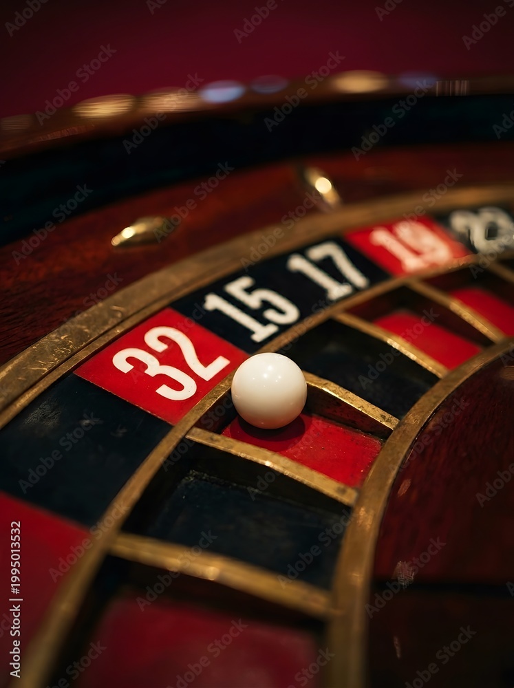 Obraz premium Close Up of White Ball Landing on Number Fifteen on a Luxury Wooden Roulette Wheel in Casino