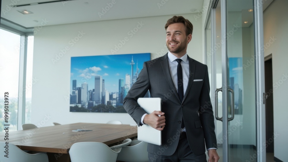 Fototapeta premium Businessman holding a slide, ready to give an important presentation in a corporate office setting.