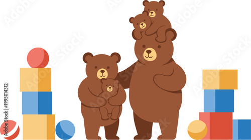 Three brown bears standing with colorful wooden blocks and toys on a white background in a playful family scene