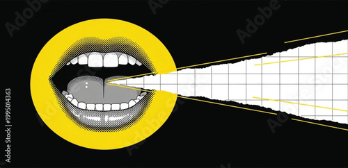 Pop Art Loud Shouting Mouth with Speech Burst Rays and Comic Style Expression Representing Voice Announcement Energy Communication Design