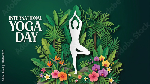 Paper cut style illustration for international yoga day with person in tree pose on green background with tropical foliage and colorful exotic flowers vector illustration.