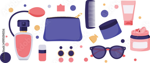 Colorful illustration of assorted beauty and makeup products on a white background with various accessories