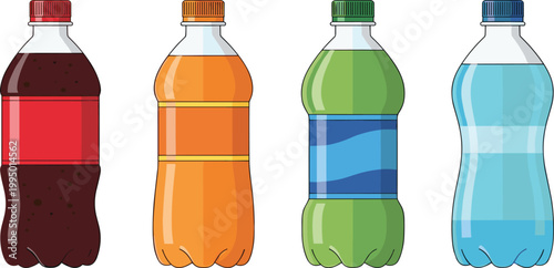 Plastic soda bottles set with colorful soft drinks, water and juice packaging in clean flat cartoon vector illustration style