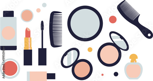Collection of various makeup products and tools on a white background for beauty and cosmetics advertising or editorial use