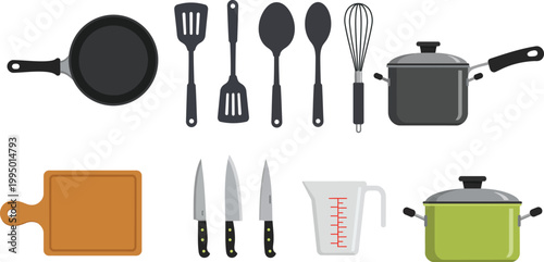 Kitchen utensils and cookware on white background including spoons and knives
