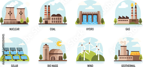 Global Energy Production Vector Set Featuring Renewable Solar Wind and Geothermal Power Plants Alongside Nuclear and Hydroelectric Systems for Sustainable Ecology Designs