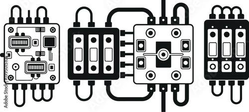 Black and White Electrical Fuse Box Panel Illustration with Detailed Fuses and Switches, Clean Line Art Technical Vector Drawing Isolated on White Background for Engineering and Electrician Use