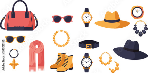 Collection of fashionable accessories including handbags hats jewelry watches and shoes on a white background
