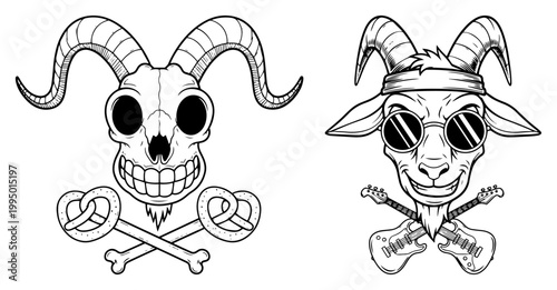 Goat Skull and Rock Star Goat Character with Sunglasses and Guitars Funny Music Logo Illustration