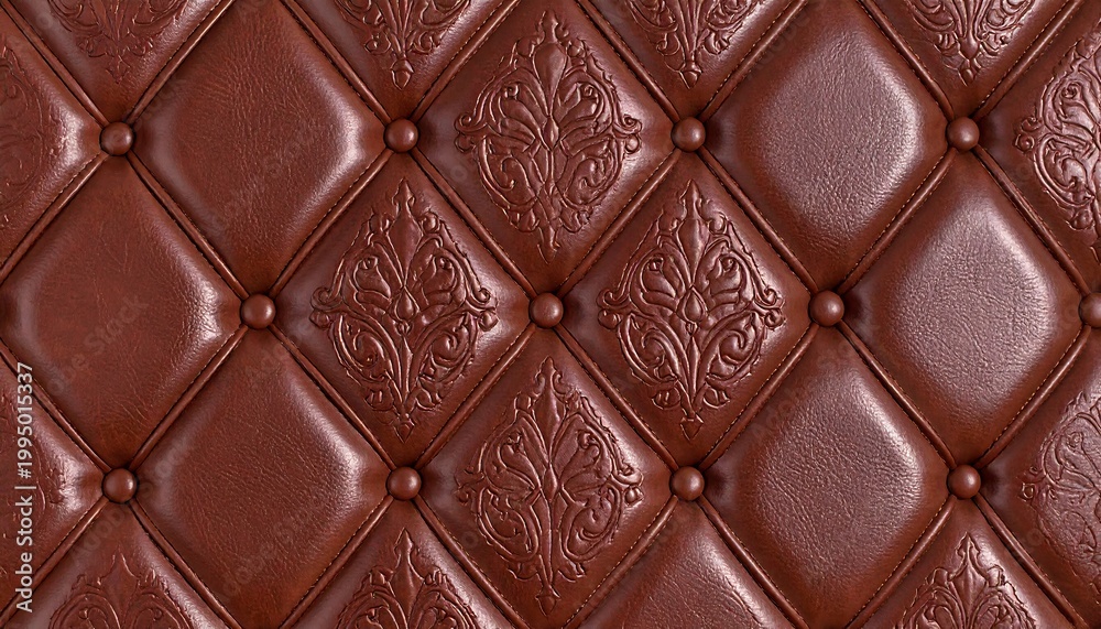 Fototapeta premium Brown leather upholstery with diamond-shaped quilting and decorative patterns
