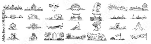 India Culture and Heritage Icon Set with Elephant Taj Mahal Rickshaw Lotus and Traditional People